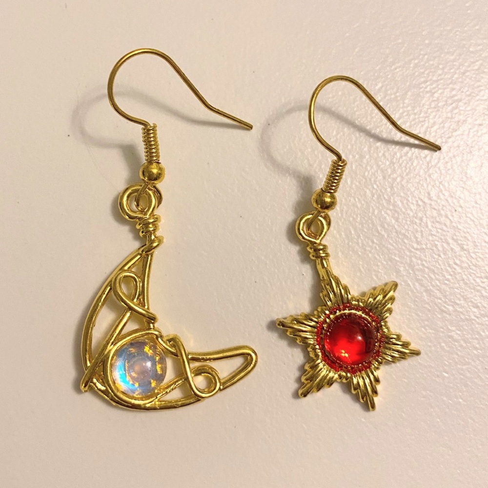Gold Celestial Moon & Star Drop Earrings with Red and Opalescent Stones